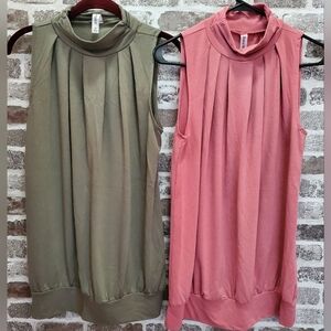 Zenana Premium Womens Medium set of 2 sleeveless tunics. Green/pink. Cinch front